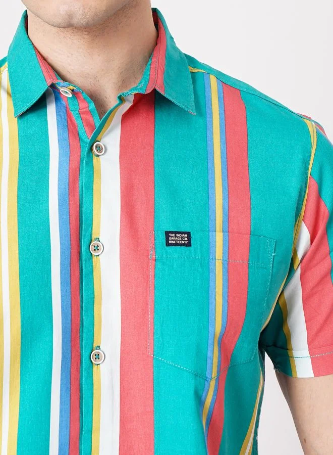 The Indian Garage Co Men Slim Fit Striped Half Sleeves Spread Collar Casual Shirt