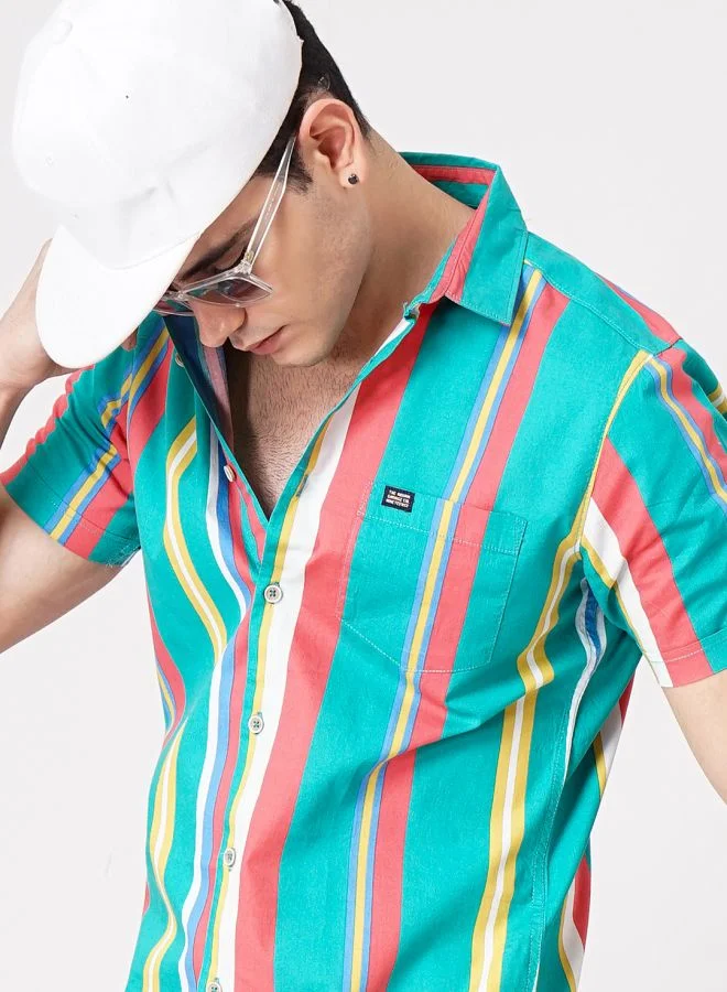The Indian Garage Co Men Slim Fit Striped Half Sleeves Spread Collar Casual Shirt