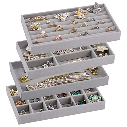 Ptaedex Stackable Velvet Jewelry Trays Organizer for Drawers, Small Jewelry Drawer Organizer Display Tray for Earring Ring Watch Bangle Bracelet Necklace, Set of 4, Gray - Image 1