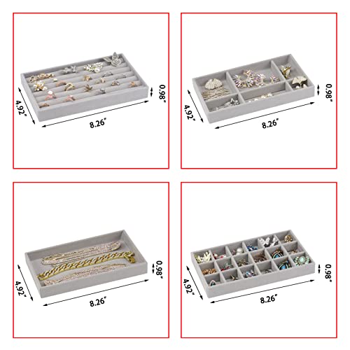 Ptaedex Stackable Velvet Jewelry Trays Organizer for Drawers, Small Jewelry Drawer Organizer Display Tray for Earring Ring Watch Bangle Bracelet Necklace, Set of 4, Gray - Image 3