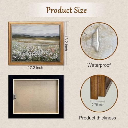 Yeechine Gold Framed Vintage Wall Art Wildflowers Field Canvas Wall Art Print Kitchen Farmhouse Wall Decor (champ fleuri, 16" L x 12" W) - Image 2