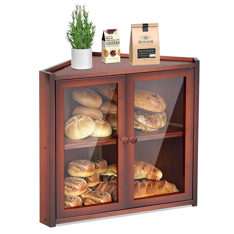 BAMBANG Corner Bread Box for Kitchen Countertop, Double Layer Bamboo Bread Storage Container with 2 Doors, Farmhouse Large Bread Bin Counter Top, Wooden Breadbox Holder for Homemade Bread, Brown - Image 1