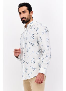 PERRY ELLIS Men Stretch Fit Floral Print Long Sleeve Casual Shirt, White Combo  - Image 3