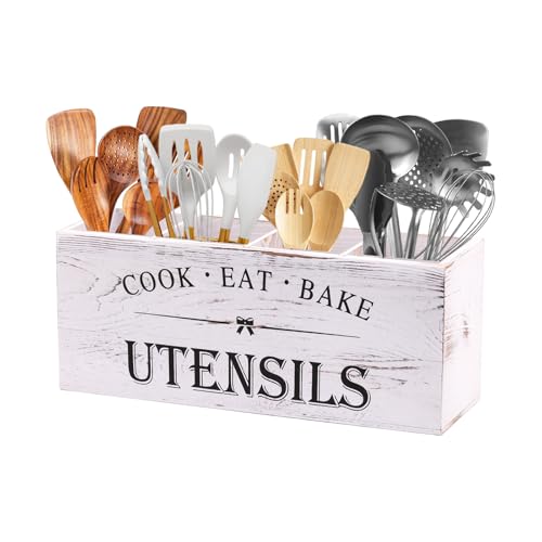 Rodelna Kitchen Utensil Holder for Counter or Countertop, Extra Large Wood Organizer with 4 Compartments, Wooden Storage for Cooking and Silverware, Rustic Minimalist Decor, Sturdy Utensil Crock-White - Image 1