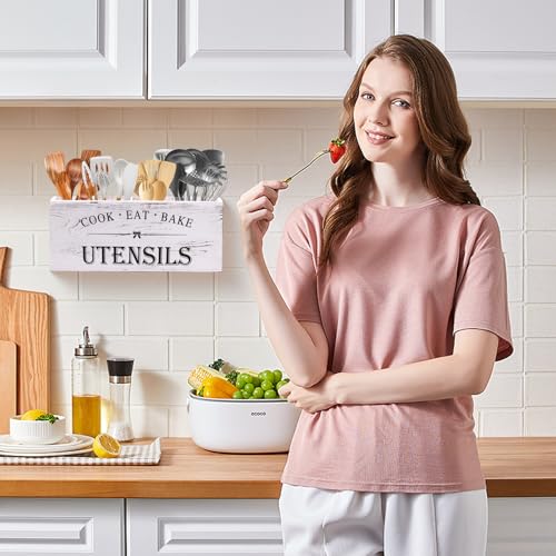 Rodelna Kitchen Utensil Holder for Counter or Countertop, Extra Large Wood Organizer with 4 Compartments, Wooden Storage for Cooking and Silverware, Rustic Minimalist Decor, Sturdy Utensil Crock-White - Image 2