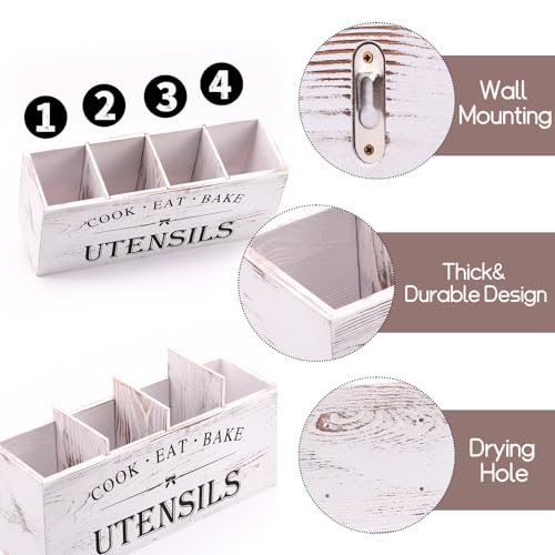Rodelna Kitchen Utensil Holder for Counter or Countertop, Extra Large Wood Organizer with 4 Compartments, Wooden Storage for Cooking and Silverware, Rustic Minimalist Decor, Sturdy Utensil Crock-White - Image 3