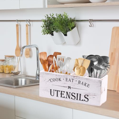 Rodelna Kitchen Utensil Holder for Counter or Countertop, Extra Large Wood Organizer with 4 Compartments, Wooden Storage for Cooking and Silverware, Rustic Minimalist Decor, Sturdy Utensil Crock-White - Image 5
