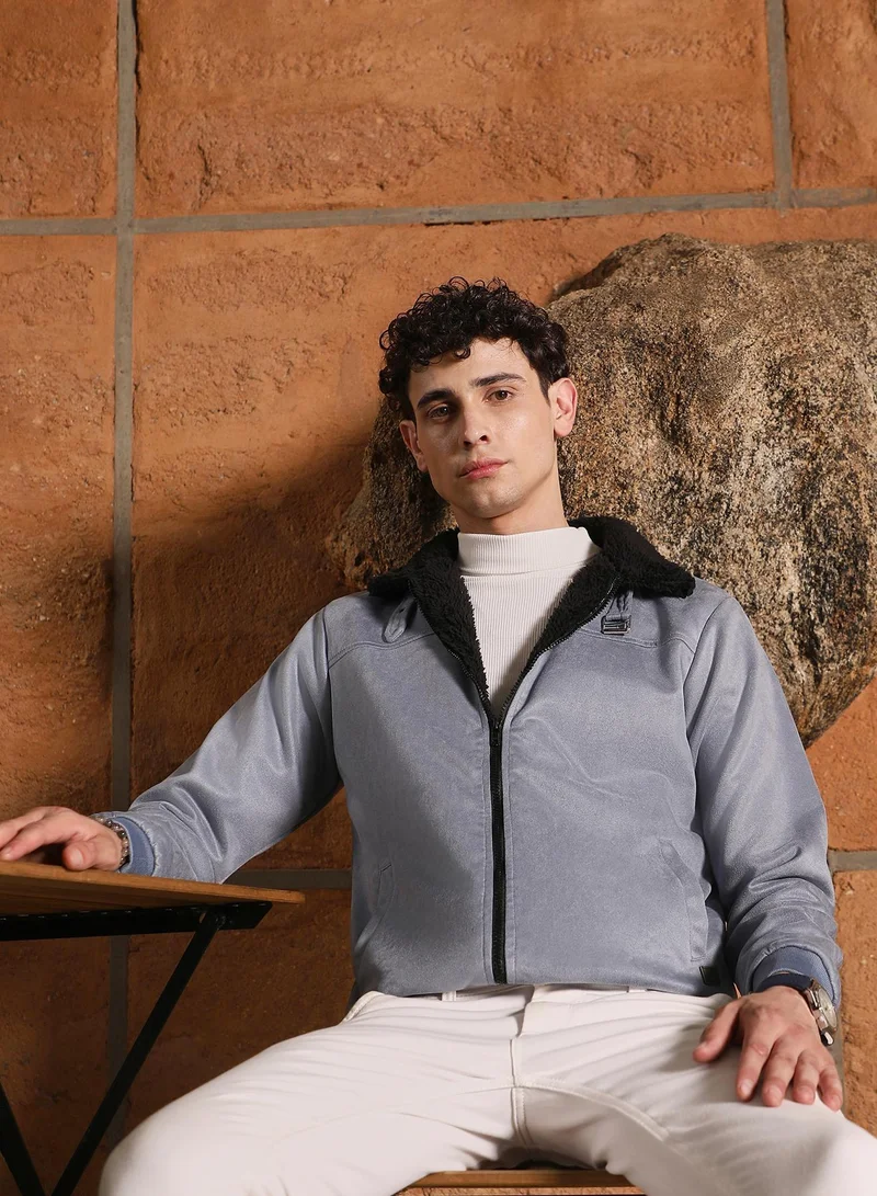 Campus Sutra Men's Coin Grey Contrast Sherpa-Lined Suede Bomber Jacket | Point Collar , Ribbed Cuff Sleeves , Zipper  Closure , Ribbed-Straight Hem | Solid Textured For Casual & Daily Wear