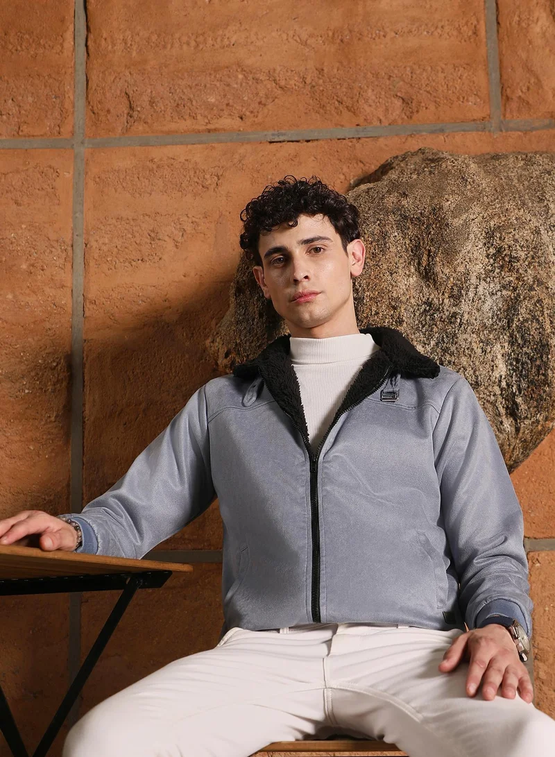 Campus Sutra Men's Coin Grey Contrast Sherpa-Lined Suede Bomber Jacket | Point Collar , Ribbed Cuff Sleeves , Zipper  Closure , Ribbed-Straight Hem | Solid Textured For Casual & Daily Wear