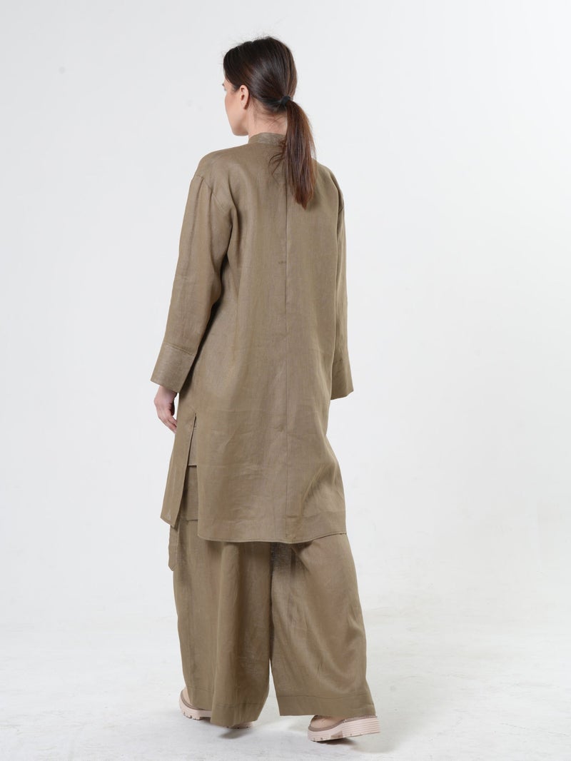 Metamorphoza Long Linen Shirt In Khaki - Image 4