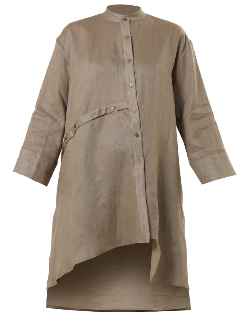 Metamorphoza Long Linen Shirt In Khaki - Image 3