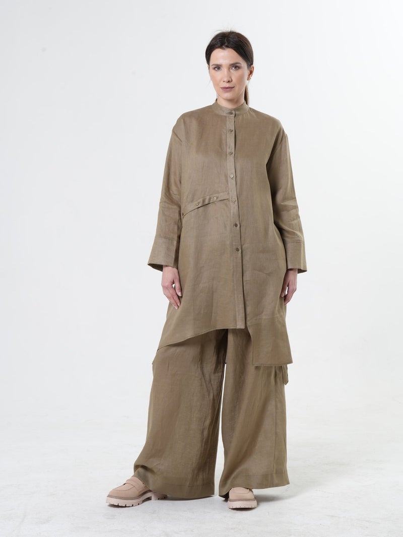 Metamorphoza Long Linen Shirt In Khaki - Image 1