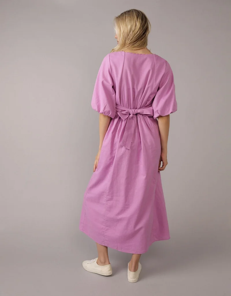 AE Linen-Blend Puff Sleeve Tie Back Midi Dress