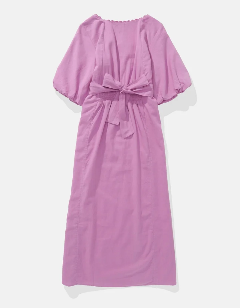 American Eagle  AE Linen-Blend Puff Sleeve Tie Back Midi Dress for Women | Best Price UAE