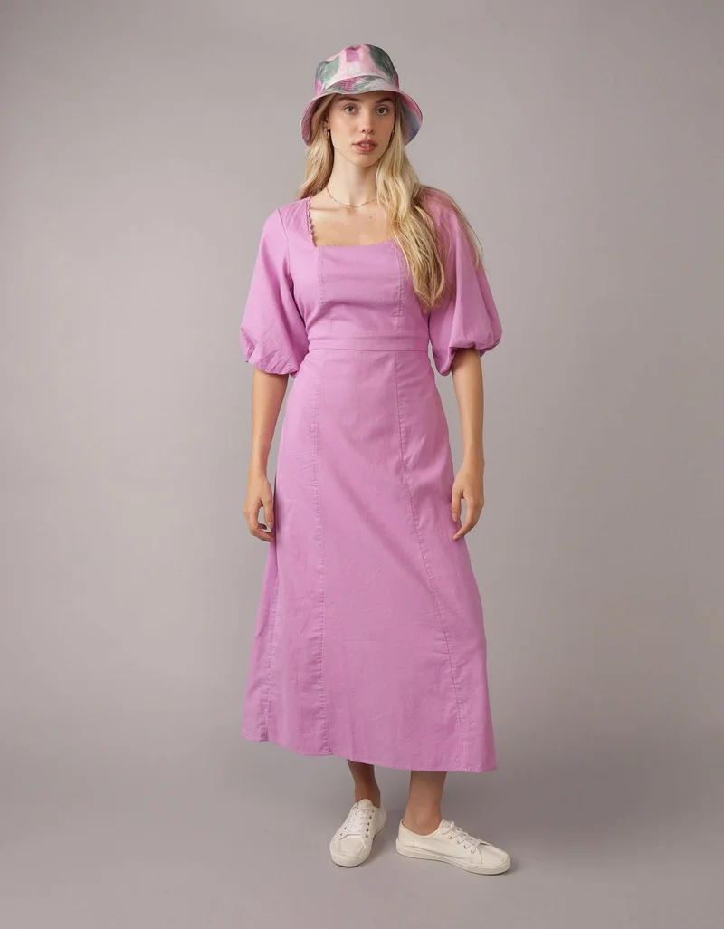 American Eagle  AE Linen-Blend Puff Sleeve Tie Back Midi Dress for Women | Best Price UAE