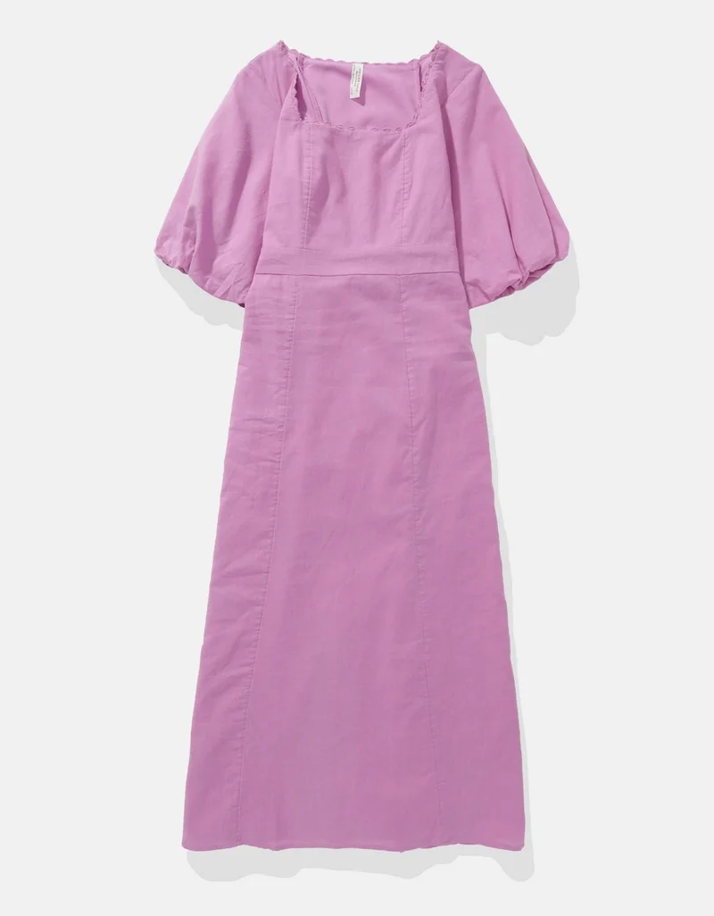 American Eagle  AE Linen-Blend Puff Sleeve Tie Back Midi Dress for Women | Best Price UAE