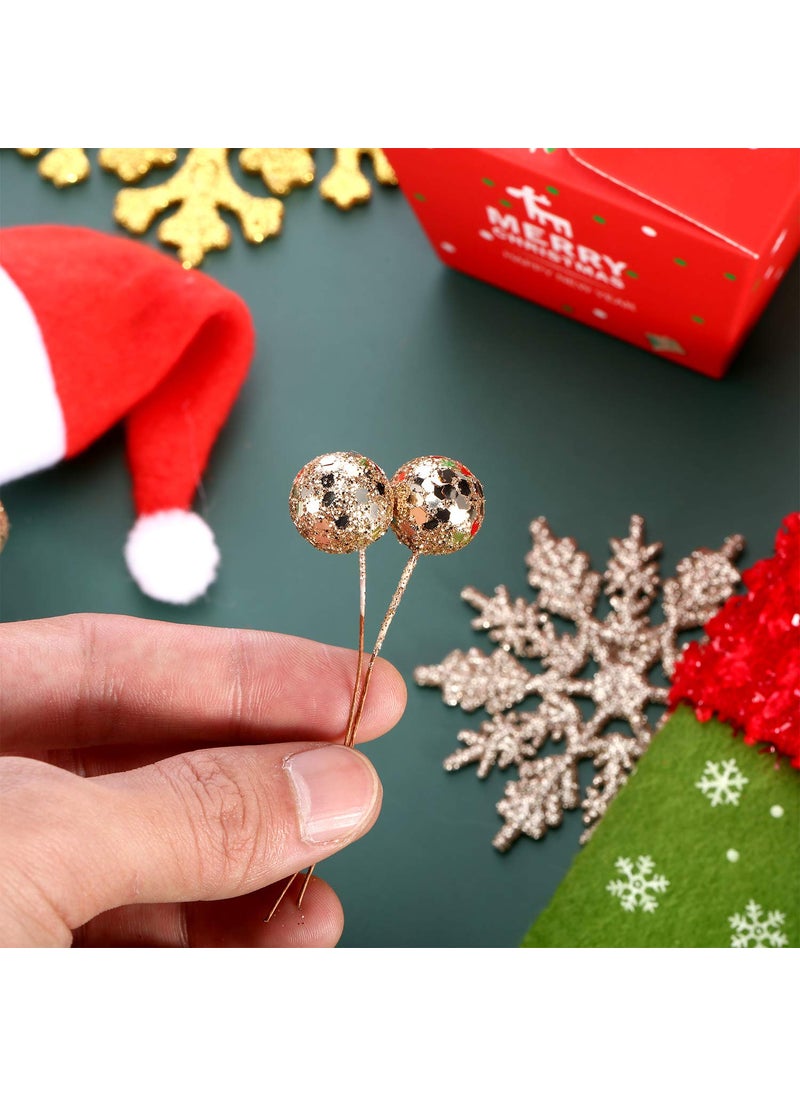 BBTO BBTO Artificial Holly Berries  100 Pieces Mini 10 mm Fake Berries Decor on Wire for Christmas Tree Decorations Flower Wreath DIY Craft Use (Sequined Champagne Gold)  - Image 3