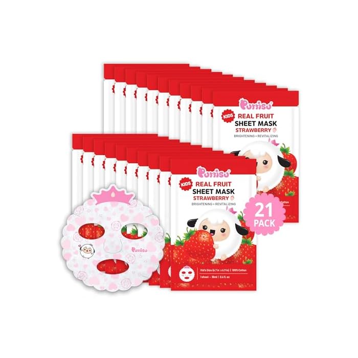Puttisu Real Fruit Facial Mask Sheet for Kids, Children - Made with 100% Cotton, Moisturize, Sooths and Hydrates Skin (Strawberry - Pack of 21)