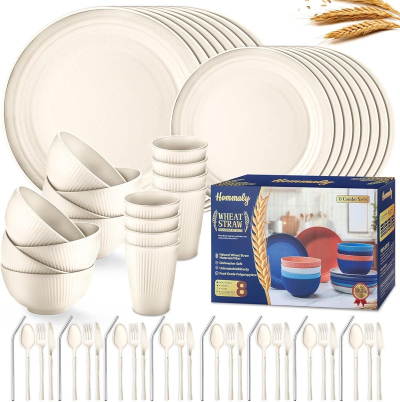 HOMMALY Wheat Straw Dinnerware Sets64Piece Beige Plates and Bowls Sets for 8UnbreakableReusable Plastic Dish SetDinner PlateDessert PlateCereal BowlCupUtensilsMicrowavable Dishwasher Safe 64PBeige - Image 1