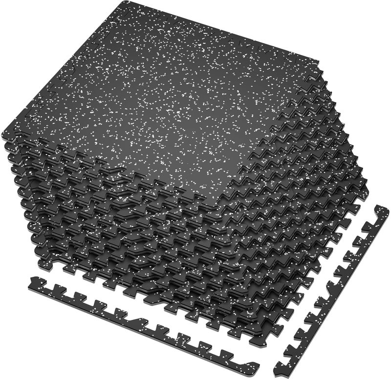 SUPERJARE 0.4'' Thick 12 Pcs 48 Sq Ft Rubber Top Exercise Equipment Mats, High Density EVA Foam Mats with Rubber Top, Interlocking Gym Flooring for Home Gym, Protective Workout Mat, Black/Grey - Image 1