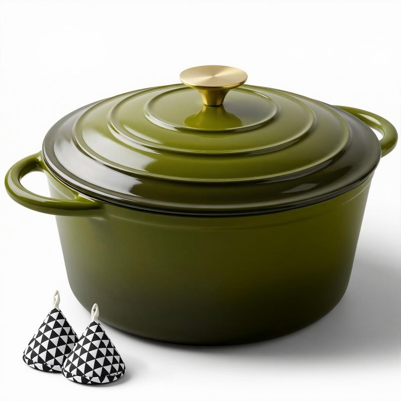 Miereirl 6 Quart Enameled Dutch Oven Pot with Lid, Cast Iron Dutch Oven with Dual Handles for Bread Baking, Cooking, Non-stick Enamel Coated Cookware, Golden Green - Image 1