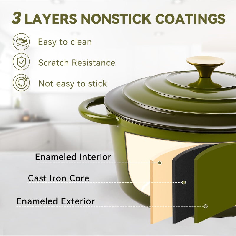 Miereirl 6 Quart Enameled Dutch Oven Pot with Lid, Cast Iron Dutch Oven with Dual Handles for Bread Baking, Cooking, Non-stick Enamel Coated Cookware, Golden Green - Image 5