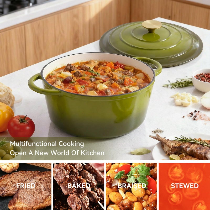 Miereirl 6 Quart Enameled Dutch Oven Pot with Lid, Cast Iron Dutch Oven with Dual Handles for Bread Baking, Cooking, Non-stick Enamel Coated Cookware, Golden Green - Image 3