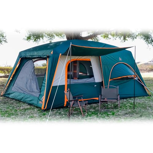 KTT Extra Large Tent 12 Person,Family Cabin Tents,Full Rainfly,2 Bay-Windows,2 Rooms and 3 Doors 3 Windows with Mesh,Waterproof,Straight Wall,Double Layer,Big Tent for Outdoor,Picnic,Camping(Green) - Image 1