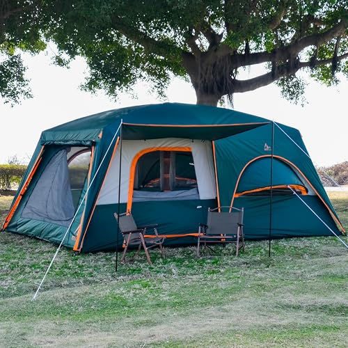 KTT Extra Large Tent 12 Person,Family Cabin Tents,Full Rainfly,2 Bay-Windows,2 Rooms and 3 Doors 3 Windows with Mesh,Waterproof,Straight Wall,Double Layer,Big Tent for Outdoor,Picnic,Camping(Green) - Image 3