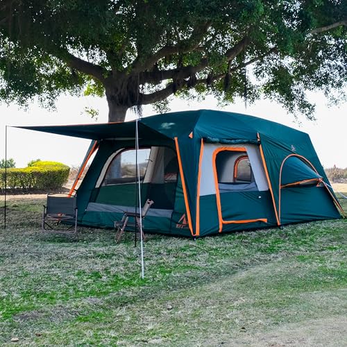 KTT Extra Large Tent 12 Person,Family Cabin Tents,Full Rainfly,2 Bay-Windows,2 Rooms and 3 Doors 3 Windows with Mesh,Waterproof,Straight Wall,Double Layer,Big Tent for Outdoor,Picnic,Camping(Green) - Image 2