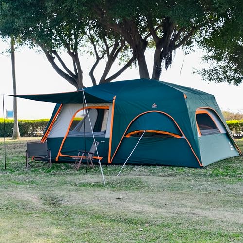 KTT Extra Large Tent 12 Person,Family Cabin Tents,Full Rainfly,2 Bay-Windows,2 Rooms and 3 Doors 3 Windows with Mesh,Waterproof,Straight Wall,Double Layer,Big Tent for Outdoor,Picnic,Camping(Green) - Image 4