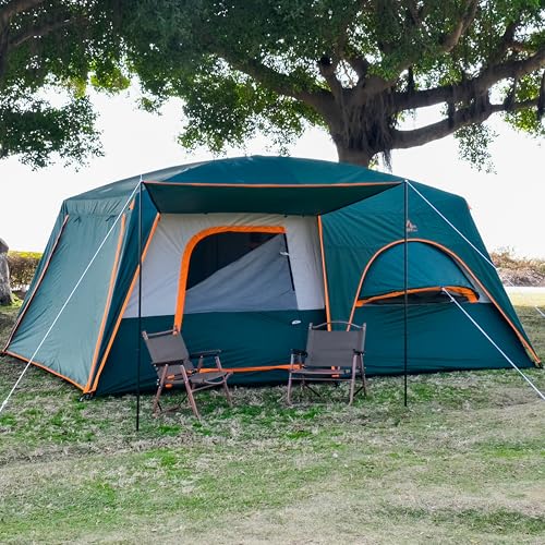 KTT Extra Large Tent 12 Person,Family Cabin Tents,Full Rainfly,2 Bay-Windows,2 Rooms and 3 Doors 3 Windows with Mesh,Waterproof,Straight Wall,Double Layer,Big Tent for Outdoor,Picnic,Camping(Green) - Image 5