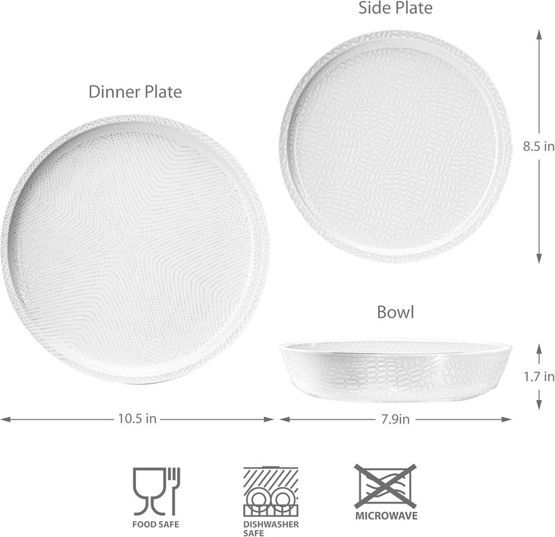 bzyoo 12 Piece Melamine Dinnerware Set  Durable Dishwasher Safe White Plates and Bowls  for Casual Dining Parties Dish Set White Mono Collection - Image 5