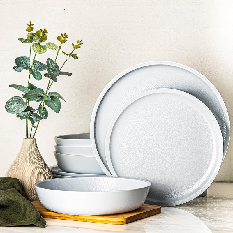 bzyoo 12 Piece Melamine Dinnerware Set  Durable Dishwasher Safe White Plates and Bowls  for Casual Dining Parties Dish Set White Mono Collection - Image 1