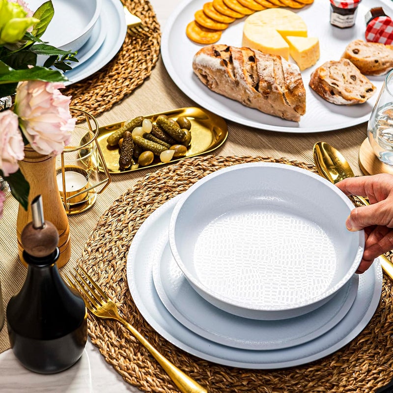 bzyoo 12 Piece Melamine Dinnerware Set  Durable Dishwasher Safe White Plates and Bowls  for Casual Dining Parties Dish Set White Mono Collection - Image 2