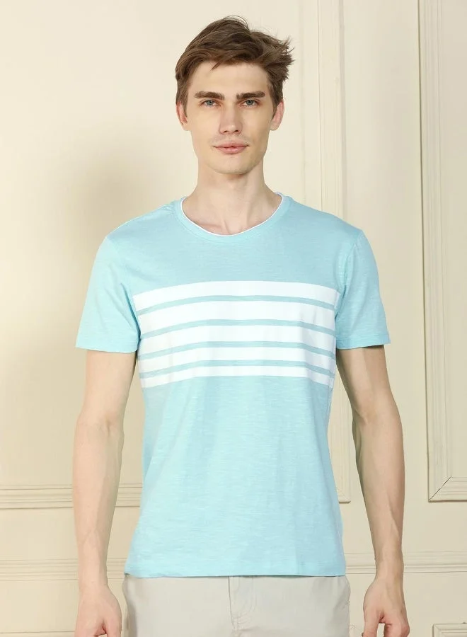 Regular Fit Mid Blue Cotton Crew Neck T-Shirt