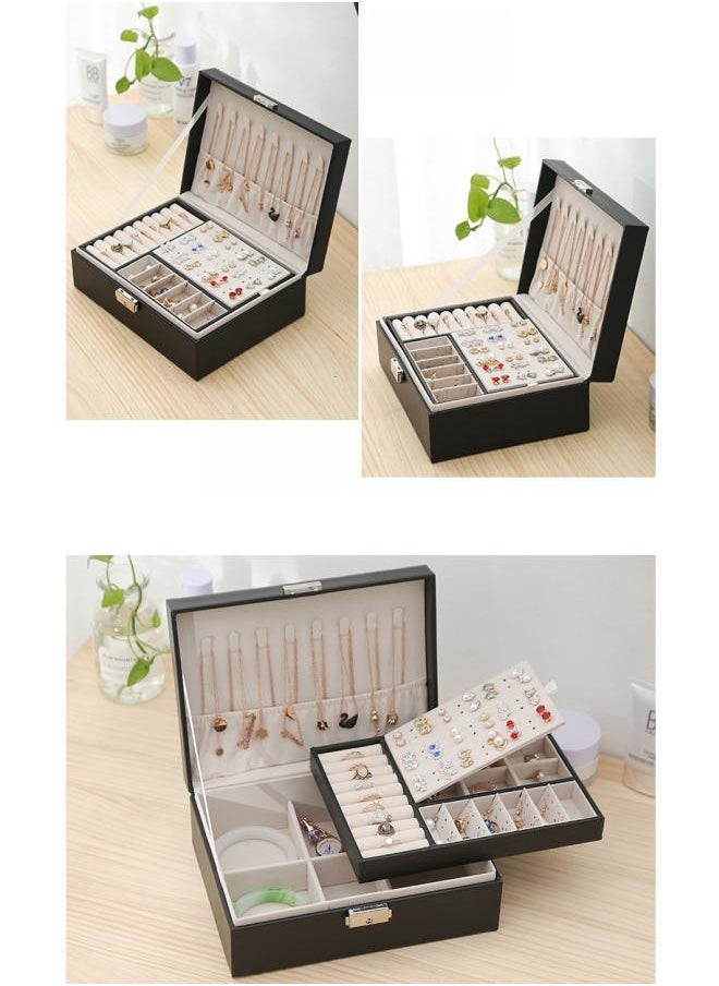 WAOKN - Black Double Layer Lockable Wooden Jewelry Box Earring Storage Box, Jewelry Box Storage Box for Women Girls, Double Layer Jewelry Storage Box Display Earrings Bracelet Ring Necklace - Image 1