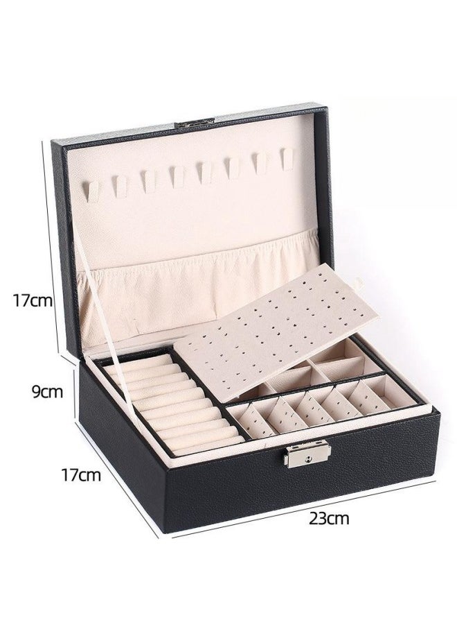 WAOKN - Black Double Layer Lockable Wooden Jewelry Box Earring Storage Box, Jewelry Box Storage Box for Women Girls, Double Layer Jewelry Storage Box Display Earrings Bracelet Ring Necklace - Image 1