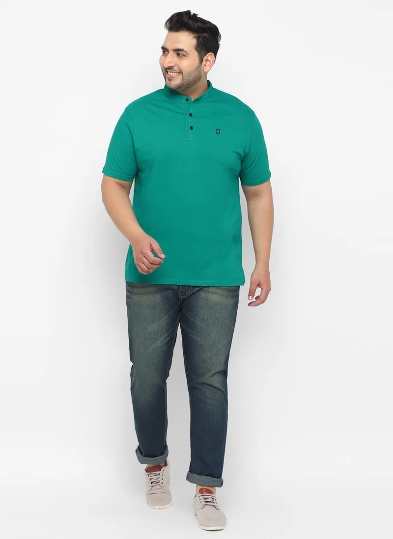 Urbano Fashion  Urbano Plus Men's Teal Green Solid Mandarin Collar Regular Fit Cotton T-Shirt for Men | Best Price UAE