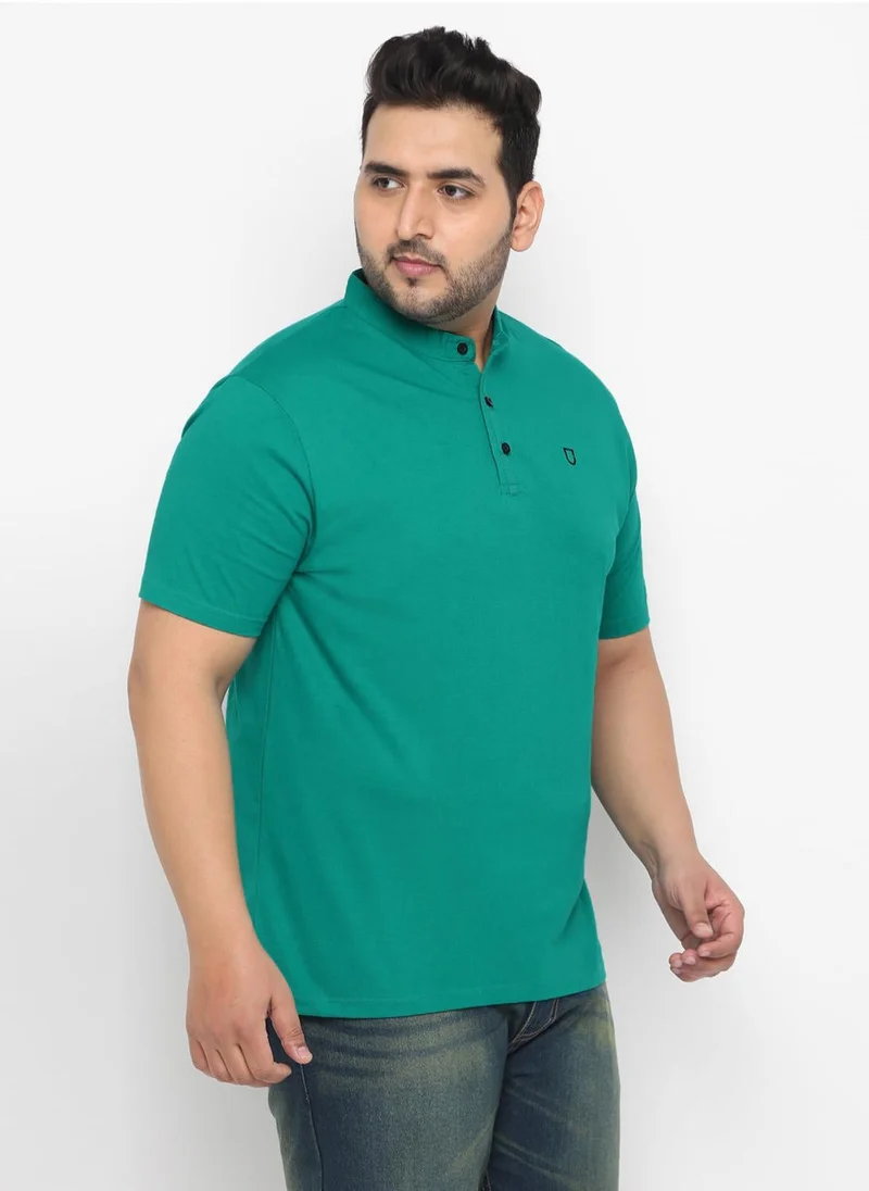 Urbano Plus Men's Teal Green Solid Mandarin Collar Regular Fit Cotton T-Shirt
