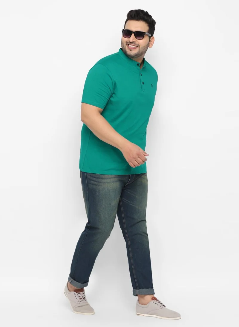 Urbano Fashion  Urbano Plus Men's Teal Green Solid Mandarin Collar Regular Fit Cotton T-Shirt for Men | Best Price UAE