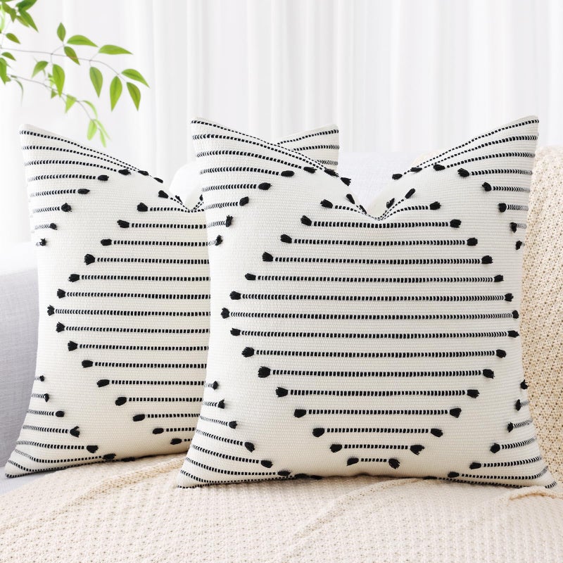 Mecatny Boho Outdoor Throw Pillow Covers 20X20 Set of 2 Farmhouse Decorative Summer Pillow Covers for Couch Sofa Living Room Black  Cream White
