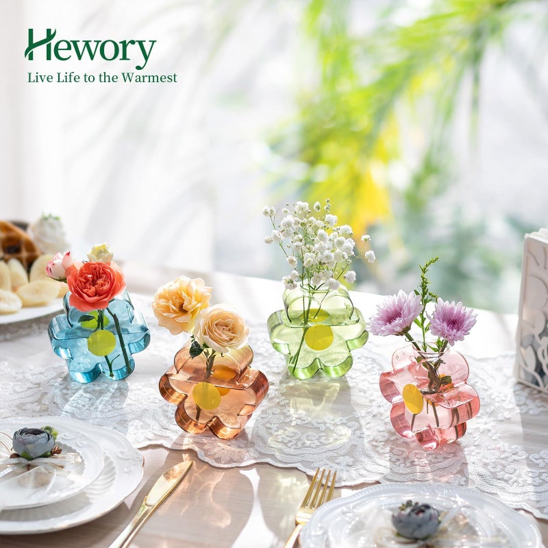 Hewory Unique Small Vases for Flowers: Colorful Vase Set Girly Home Shelf Decor - Cute Glass Bud Vases for Centerpieces Modern Living Room Office Bedroom (Pink & Blue & Green & Amber) - Image 2