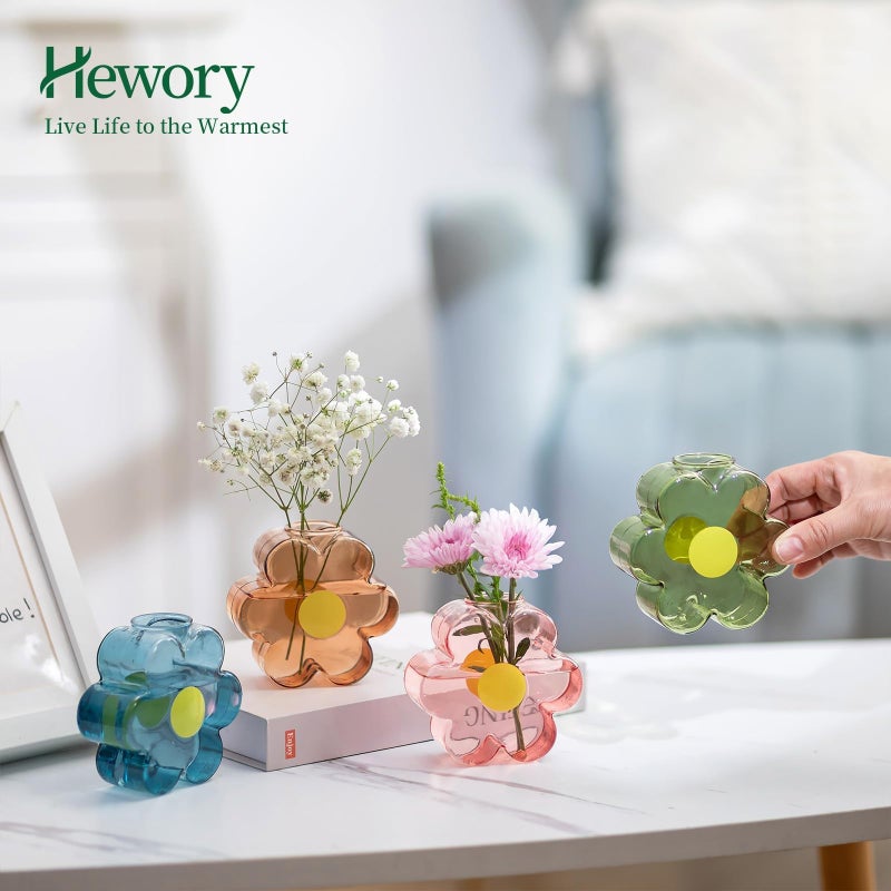 Hewory Unique Small Vases for Flowers: Colorful Vase Set Girly Home Shelf Decor - Cute Glass Bud Vases for Centerpieces Modern Living Room Office Bedroom (Pink & Blue & Green & Amber) - Image 3