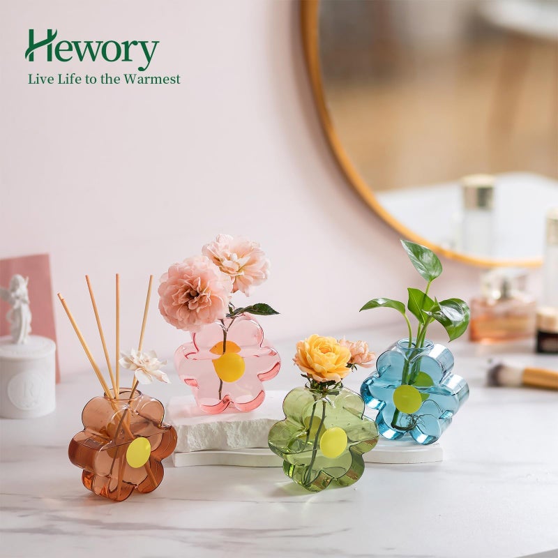 Hewory Unique Small Vases for Flowers: Colorful Vase Set Girly Home Shelf Decor - Cute Glass Bud Vases for Centerpieces Modern Living Room Office Bedroom (Pink & Blue & Green & Amber) - Image 4