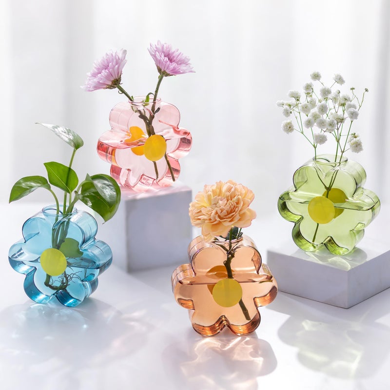Hewory Unique Small Vases for Flowers: Colorful Vase Set Girly Home Shelf Decor - Cute Glass Bud Vases for Centerpieces Modern Living Room Office Bedroom (Pink & Blue & Green & Amber) - Image 1