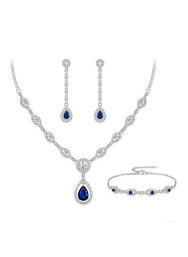 EVER FAITH Bridal Cubic Zirconia Jewelry Set Stunning Teardrop September Birthstone Necklace Bracelet Earrings Set For Woman Sapphire Silver-Tone  - Image 1