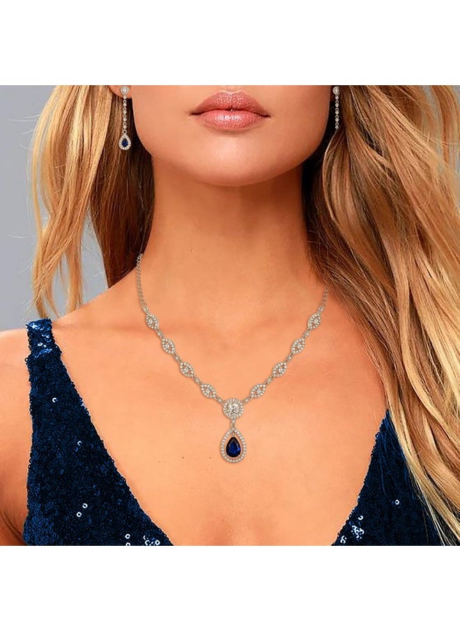 EVER FAITH Bridal Cubic Zirconia Jewelry Set Stunning Teardrop September Birthstone Necklace Bracelet Earrings Set For Woman Sapphire Silver-Tone  - Image 2