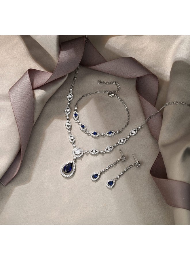 EVER FAITH Bridal Cubic Zirconia Jewelry Set Stunning Teardrop September Birthstone Necklace Bracelet Earrings Set For Woman Sapphire Silver-Tone  - Image 5