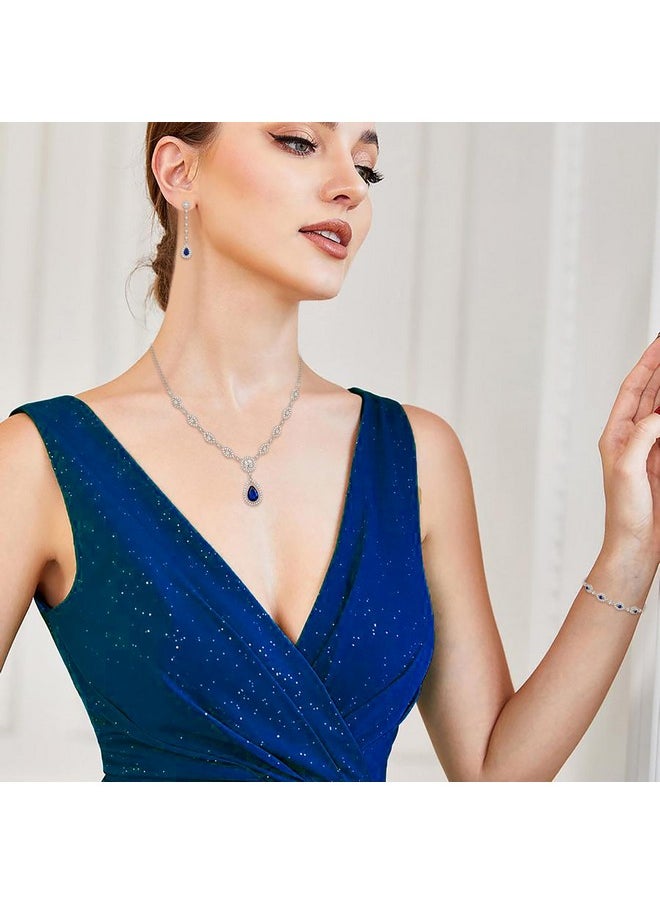 EVER FAITH Bridal Cubic Zirconia Jewelry Set Stunning Teardrop September Birthstone Necklace Bracelet Earrings Set For Woman Sapphire Silver-Tone  - Image 4